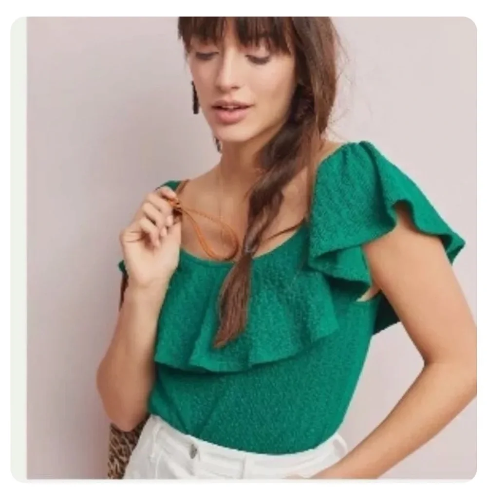 Anthropologie Green Textured Off Shoulder Top blouse casual resort women Medium - Picture 1 of 7
